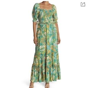 Betsey Johnson Green Tropical Palm Smocked Square Neck Tiered Maxi Dress M